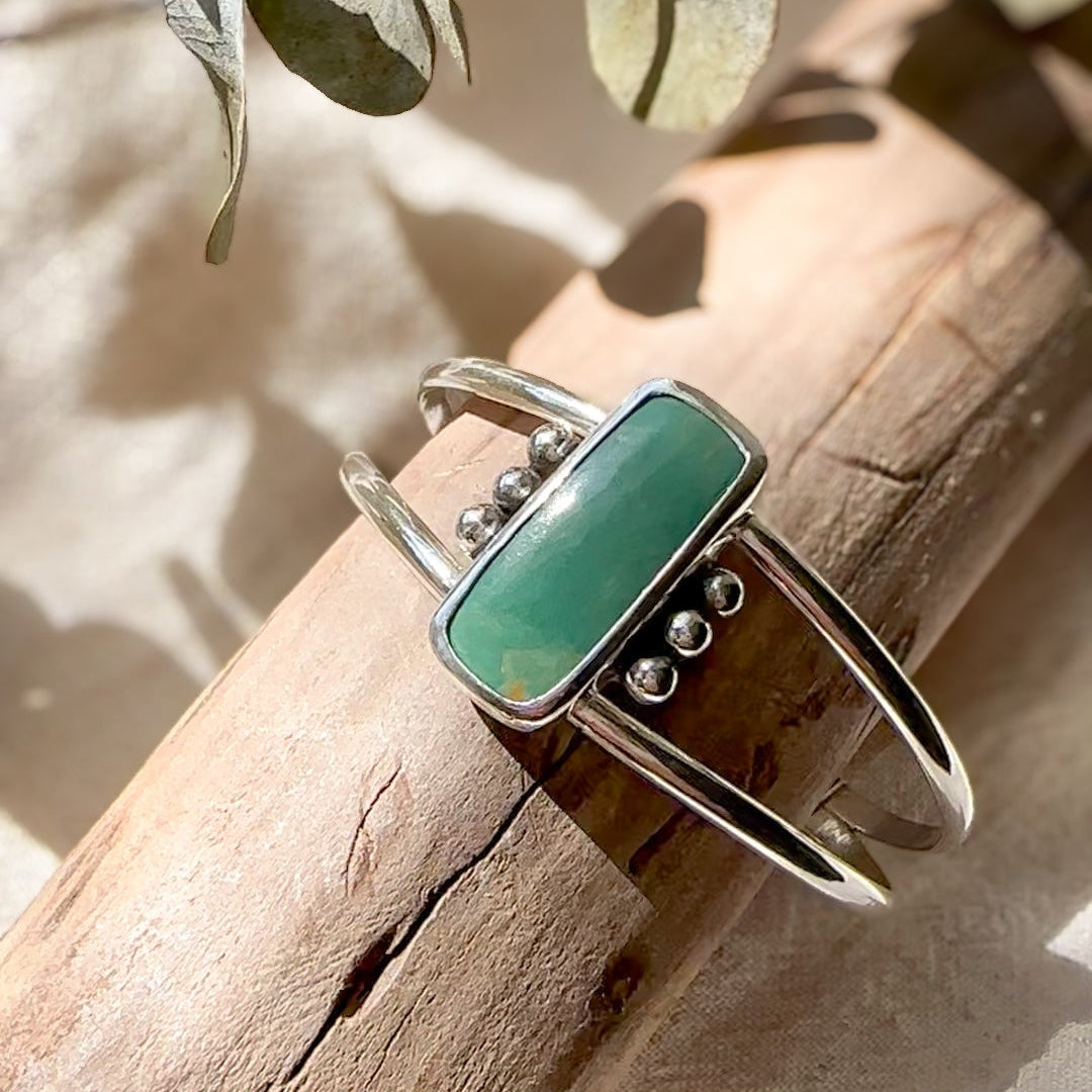 Green River Statement Cuff bracelet, rectangular green stone sterling silver granulation Natural Earth Collective Ohio
