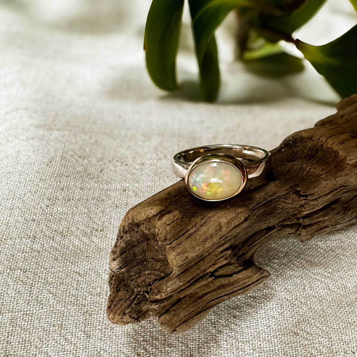 Ethiopian Opal ring No.3 close up, blue green red flash opal Natural Earth Collective Ohio