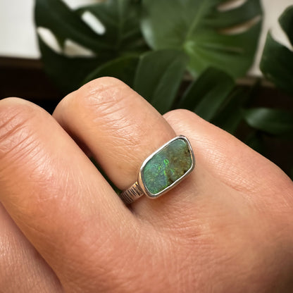 Green Australian Boulder Opal ring size 7.5, deep forest green color play fine silver Natural Earth Collective Ohio