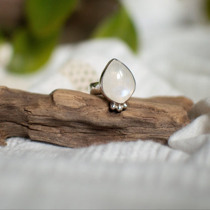 Rainbow Moonstone ring size 7.75, blue flash 6mm half round band sterling silver Natural Earth Collective Ohio