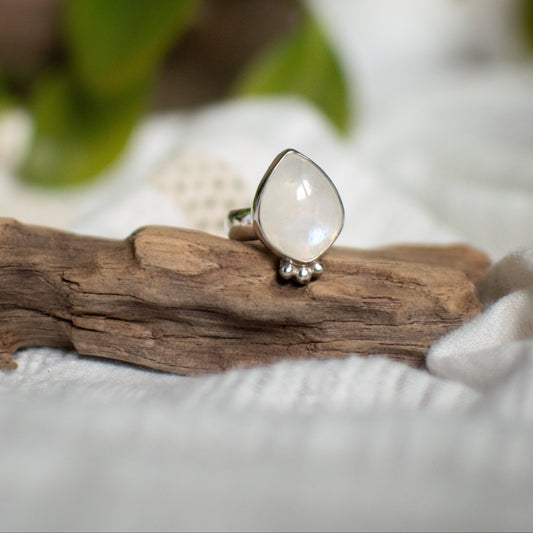Rainbow Moonstone ring size 7.75, blue flash 6mm half round band sterling silver Natural Earth Collective Ohio