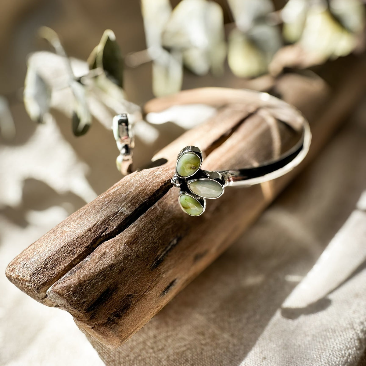 Palomino Flora Cuff bracelet detail, pale green Palomino Variscite stones Natural Earth Collective Ohio