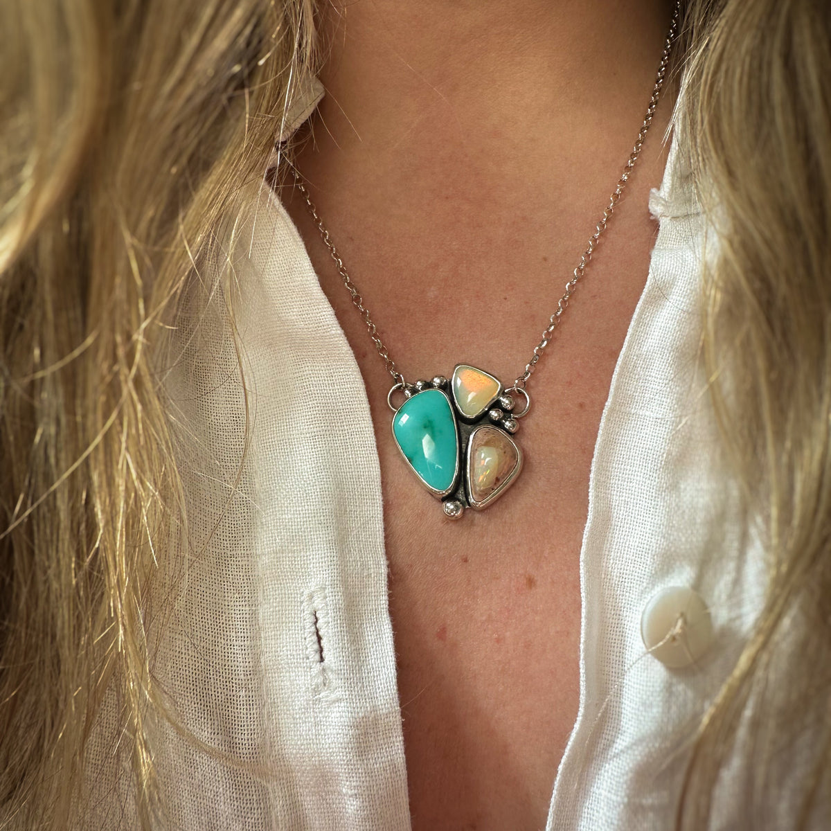 Double Opal Turquoise Necklace close up, three stone turquoise and opal Natural Earth Collective Ohio
