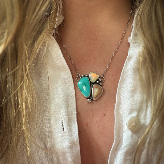 Double Opal Turquoise Necklace close up, three stone turquoise and opal Natural Earth Collective Ohio