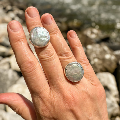 Natural large freshwater pearl ring, jumbo coin pearl fine silver wrap sterling silver Natural Earth Collective Ohio