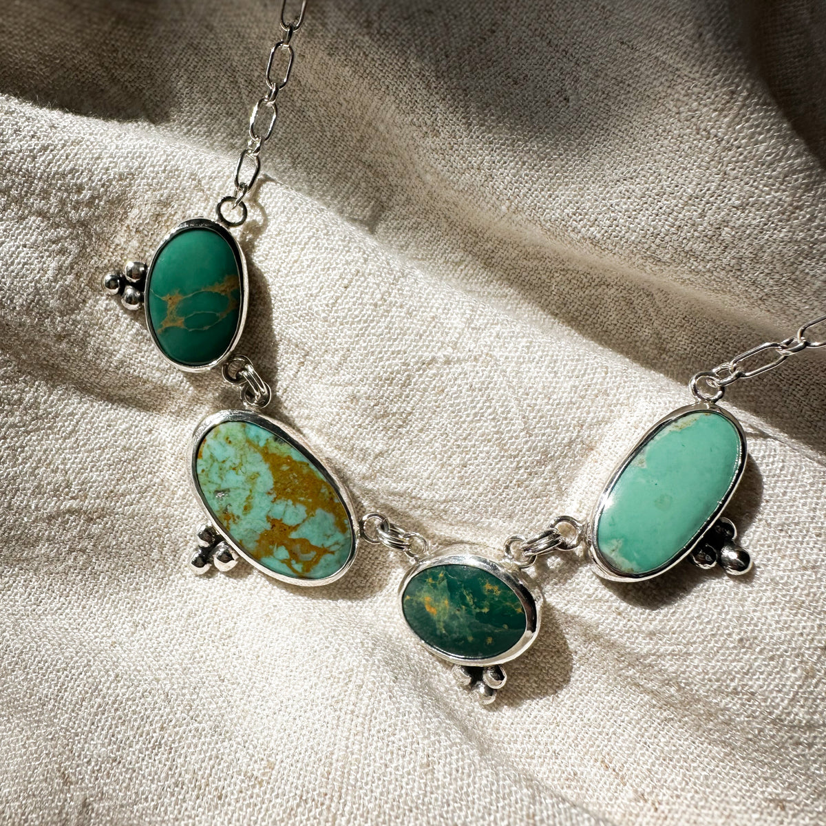 Meadow Ridge necklace close up, natural turquoise variation collarbone necklace Natural Earth Collective Ohio