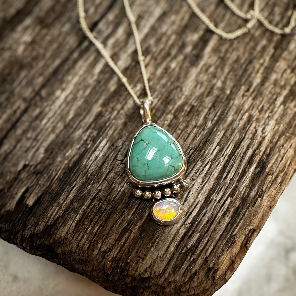 Royston Turquoise teardrop and Opal pendant necklace, full rainbow flash satellite chain Natural Earth Collective Ohio