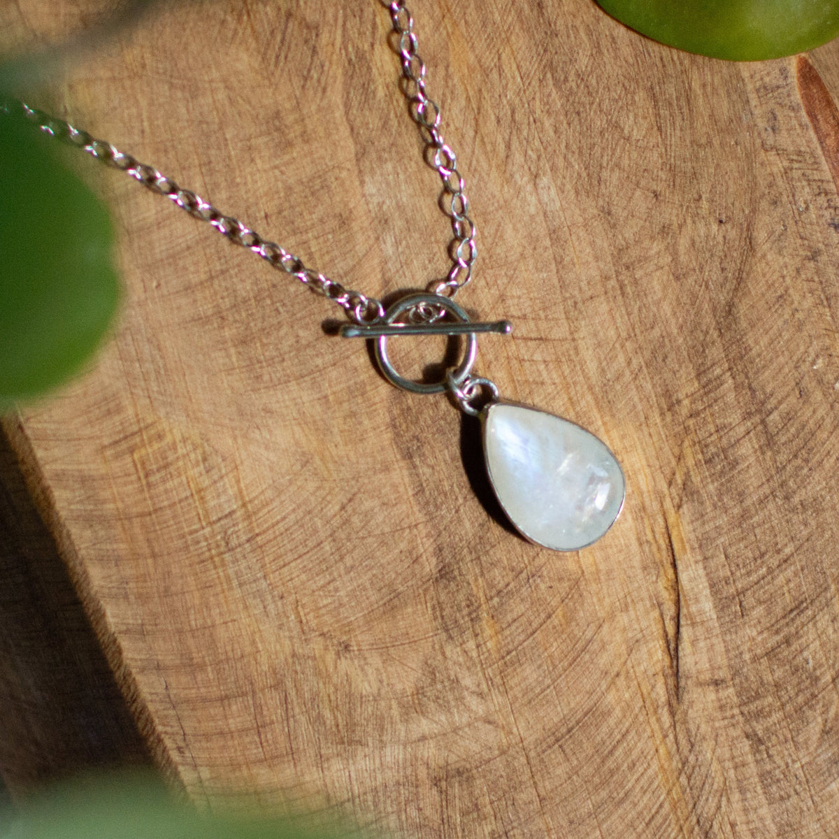 Rainbow Moonstone dainty toggle necklace, blue flash teardrop oval cable chain Natural Earth Collective Ohio