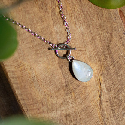 Rainbow Moonstone dainty toggle necklace, blue flash teardrop oval cable chain Natural Earth Collective Ohio