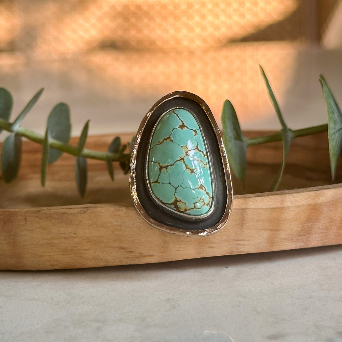Natural Iron Maiden Turquoise shadowbox mixed metal ring size 7.75, 14k gold filled sterling silver Natural Earth Collective Ohio