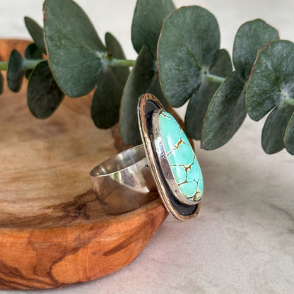 Iron Maiden Turquoise shadowbox ring detail, mixed metal fine silver 14k gold filled Natural Earth Collective Ohio