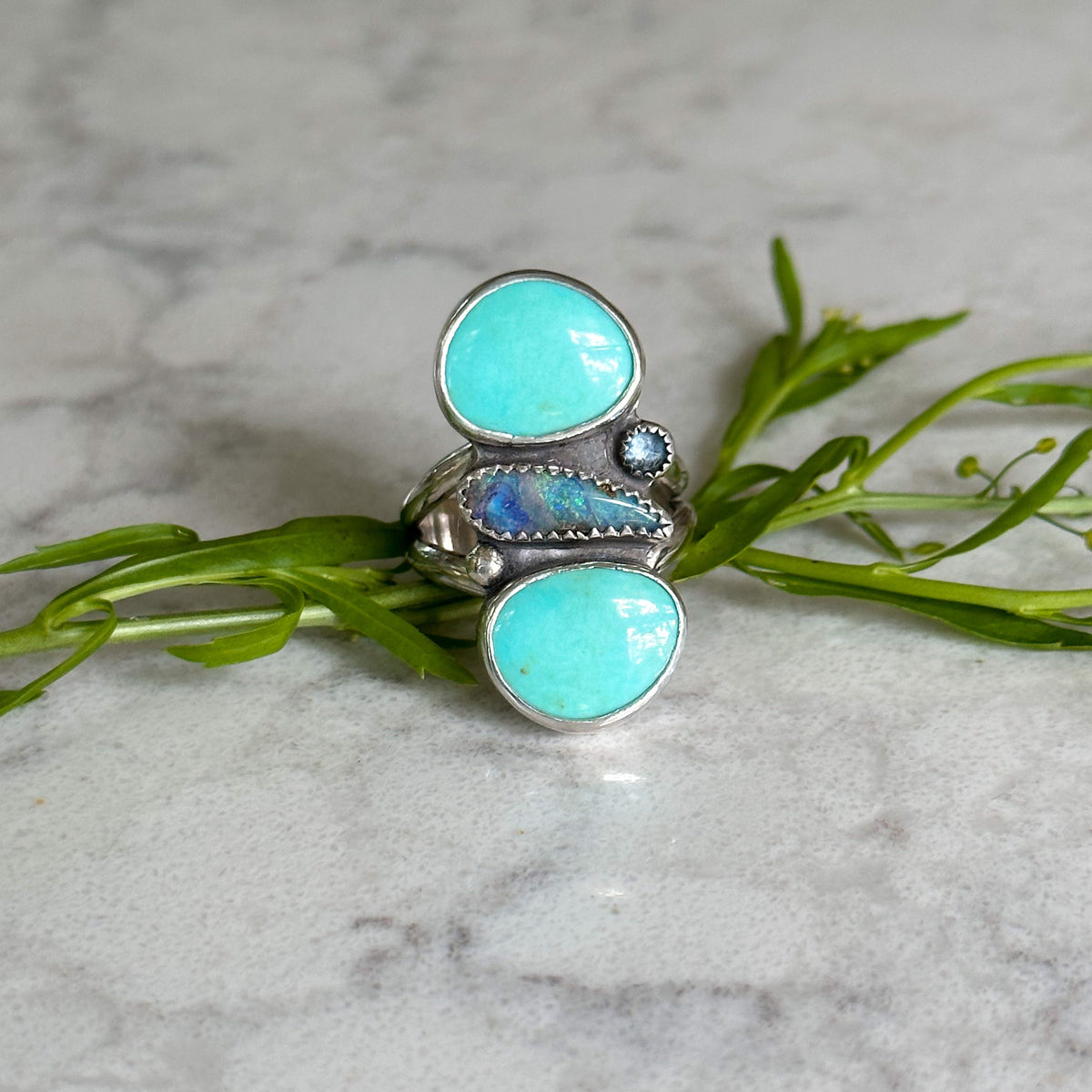 Boulder Opal turquoise ring close up detail, fine silver wire wrap Natural Earth Collective Ohio