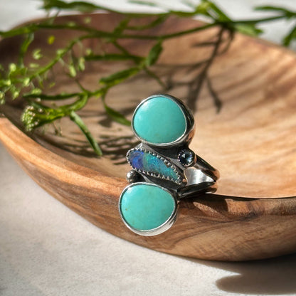 Australian Boulder Opal and Kingman turquoise sterling silver ring size 6, handcrafted one of a kind Natural Earth Collective Ohio