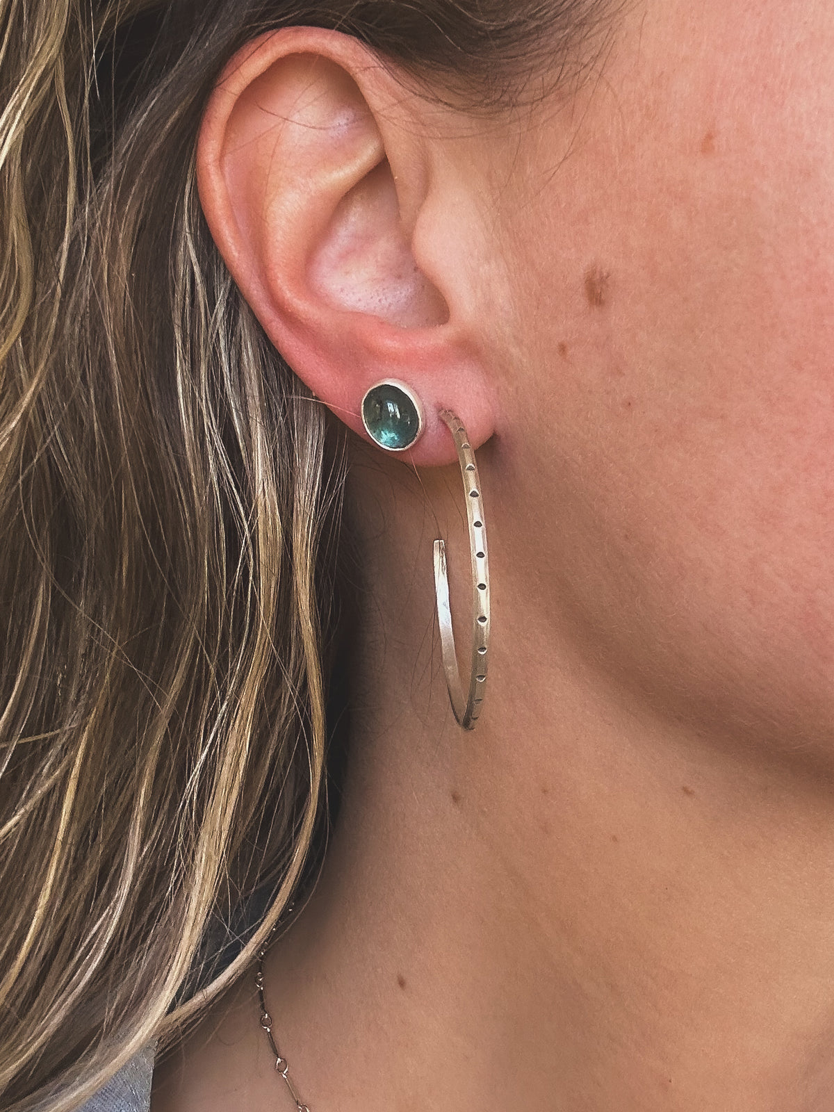 Triangle hoop earrings on ear, lightweight everyday sterling silver Natural Earth Collective Ohio