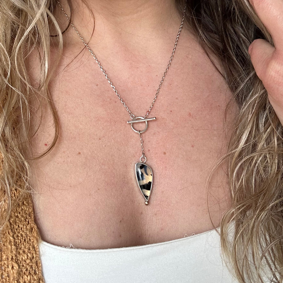 Montana Agate toggle necklace close up, bold black white graphic agate Natural Earth Collective Ohio