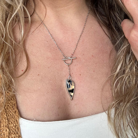 Montana Agate toggle necklace close up, bold black white graphic agate Natural Earth Collective Ohio
