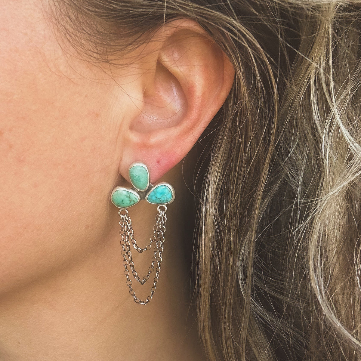 Carico Lake Turquoise cascade earrings on ear, one of a kind Natural Earth Collective Ohio