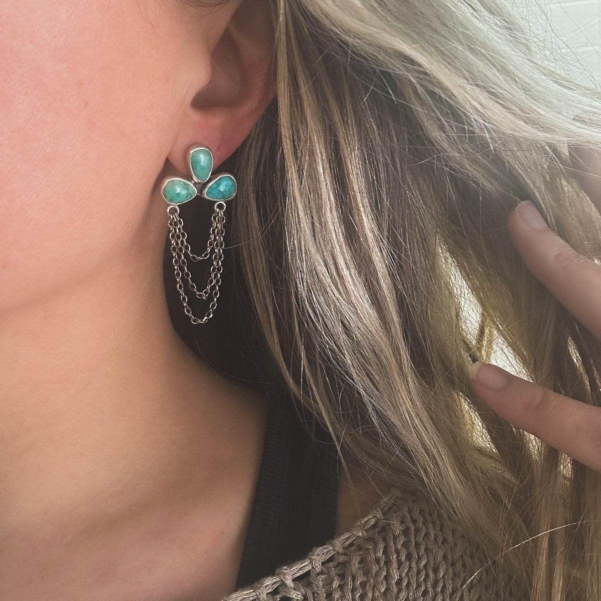 Carico Lake Turquoise earrings styled, chain fringe artisan jewelry Natural Earth Collective Ohio