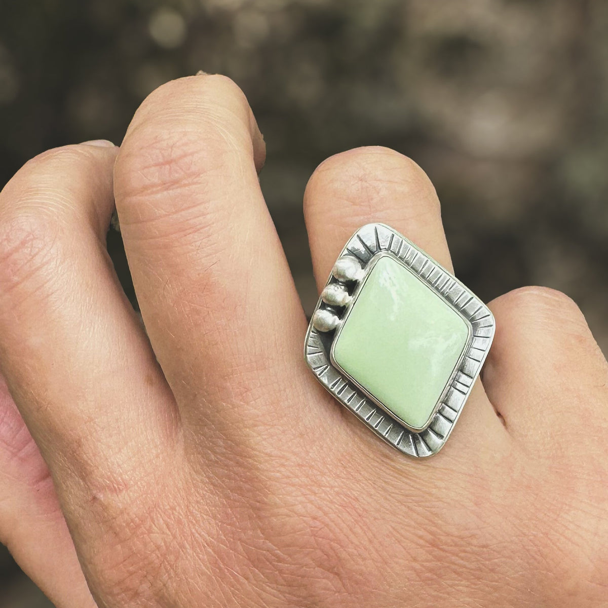 Lemon Chrysoprase ring size 8 on hand, one of a kind artisan Natural Earth Collective Ohio