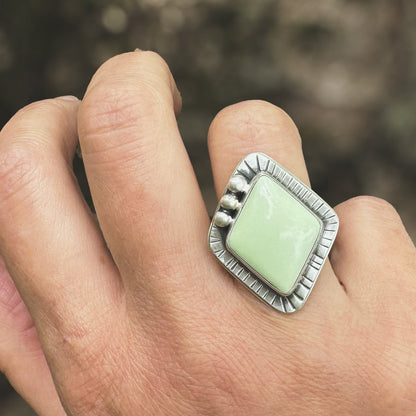 Lemon Chrysoprase ring size 8 on hand, one of a kind artisan Natural Earth Collective Ohio