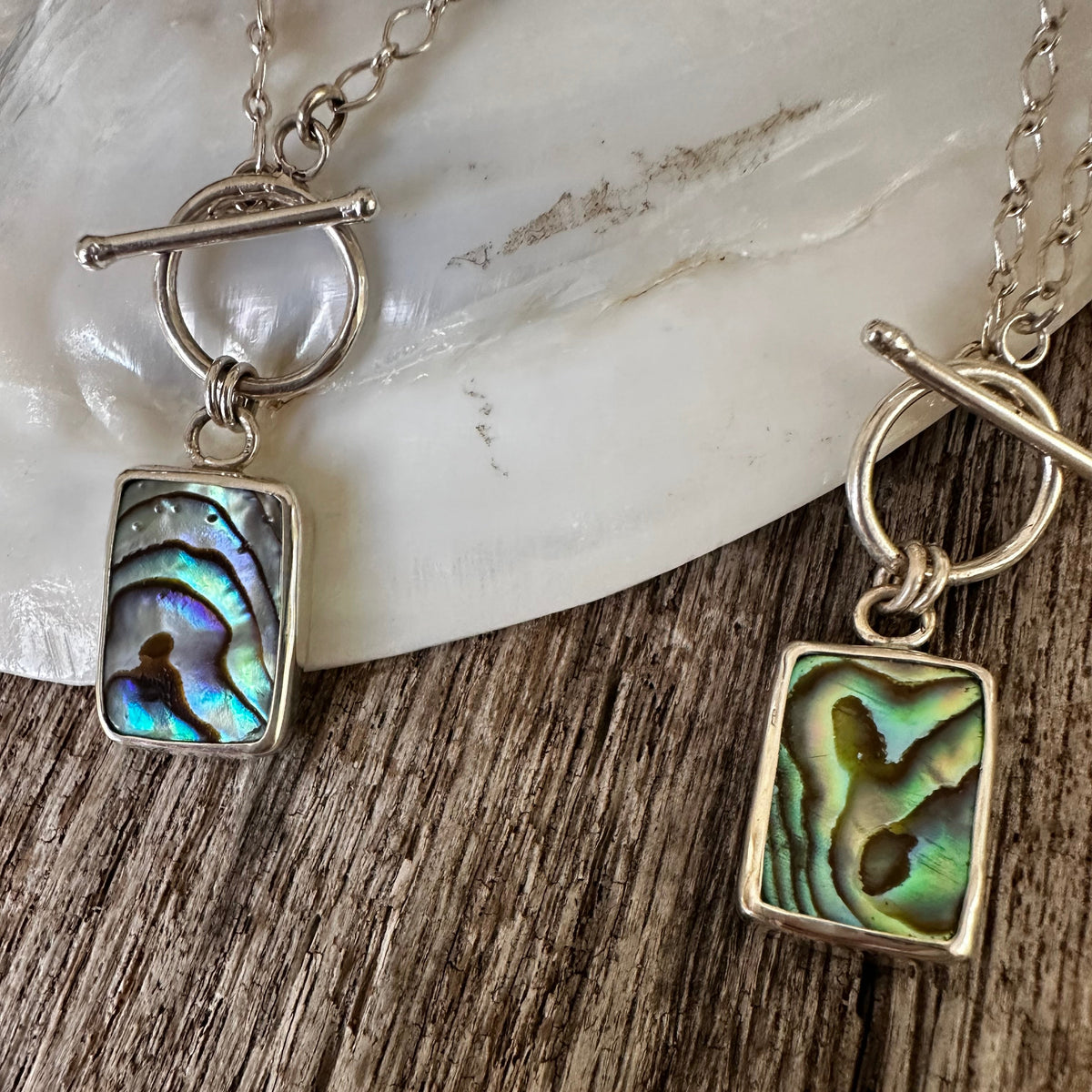 Abalone toggle necklace, iridescent natural shell sterling silver toggle closure Natural Earth Collective Ohio