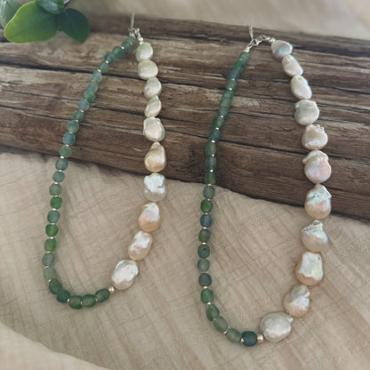 Shoreline Pearl necklace, freshwater pearls sea-green recycled glass beads sterling silver Natural Earth Collective Ohio