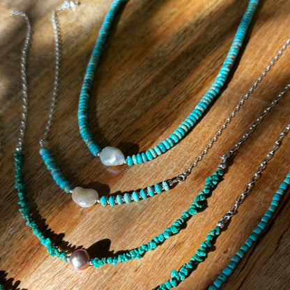 Turquoise and pearl chain necklace styled, light open feel Natural Earth Collective Ohio