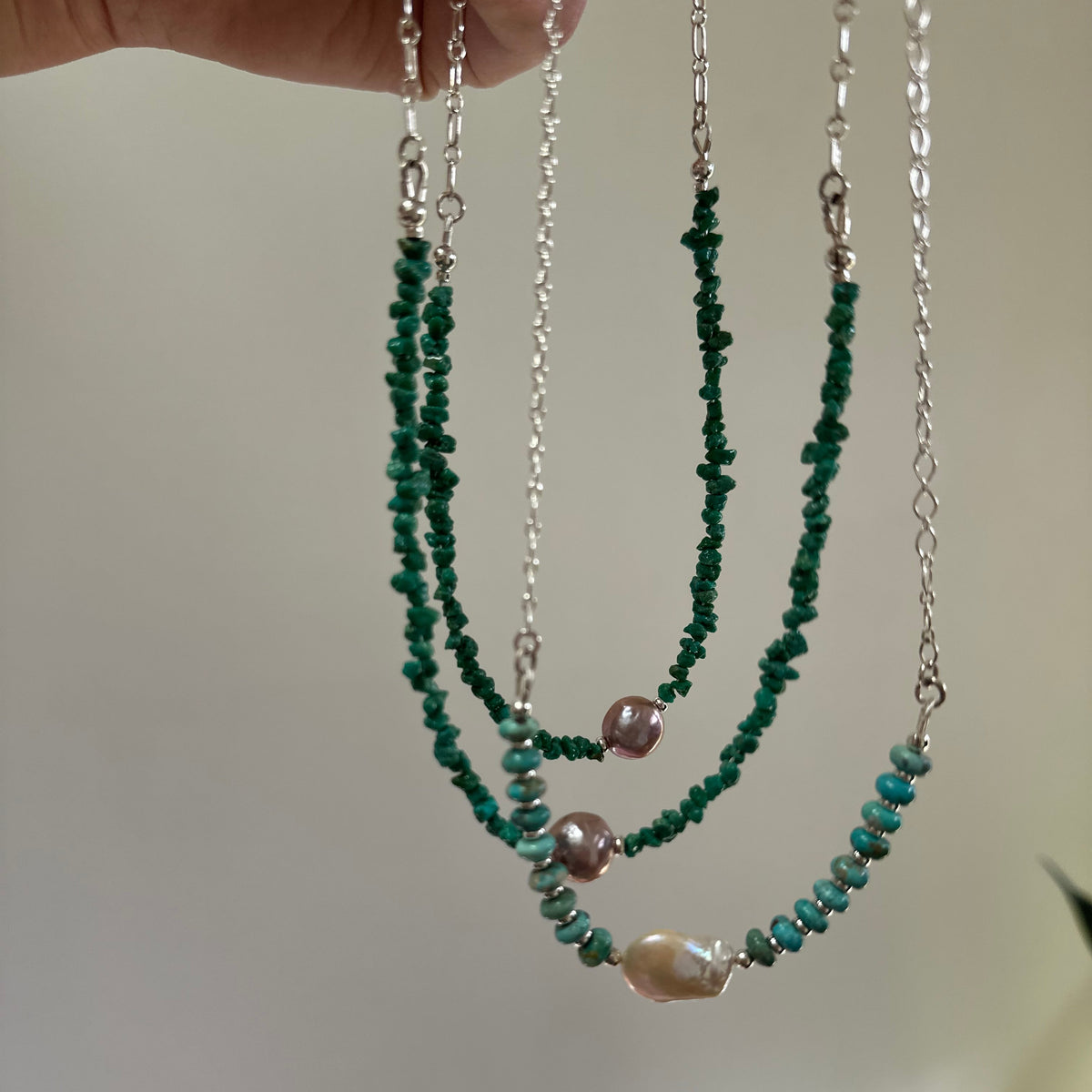 Sonoran Turquoise pearl chain necklace detail, sterling silver Natural Earth Collective Ohio