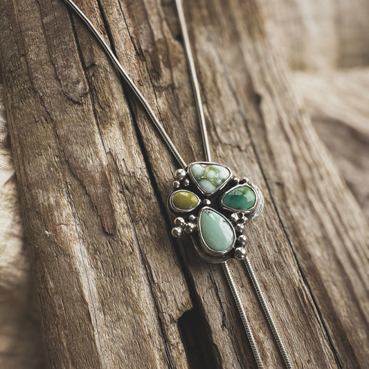 Mixed Turquoise Bloom Bolo, Carico Lake Colina Verde Palomino stones adjustable sterling silver Natural Earth Collective Ohio