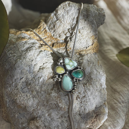 Turquoise bloom bolo on neck, adjustable multi-stone Natural Earth Collective Ohio