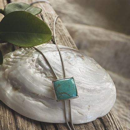 Square Royston Turquoise bolo necklace, fine silver setting snake chain sterling silver Natural Earth Collective Ohio