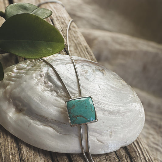 Square Royston Turquoise bolo necklace, fine silver setting snake chain sterling silver Natural Earth Collective Ohio