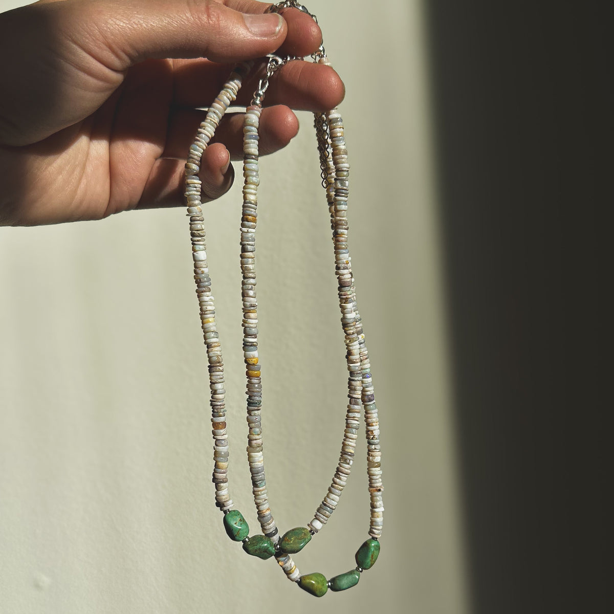 Australian Opal and turquoise beaded necklace, iridescent opal beads turquoise accents sterling silver Natural Earth Collective Ohio