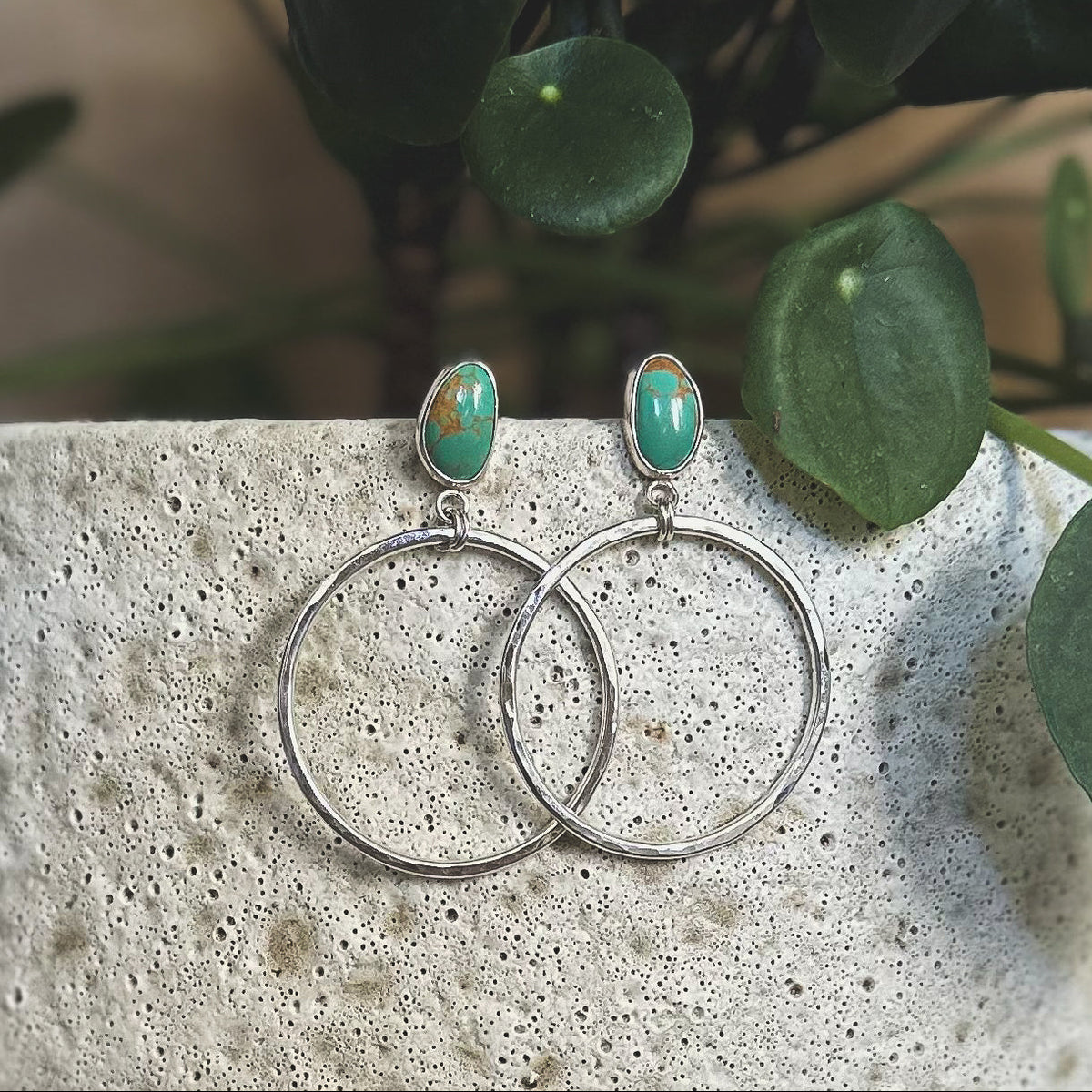 Turquoise stud hoop earrings, natural turquoise textured sterling silver hoop Natural Earth Collective Ohio