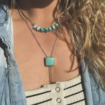 Royston Turquoise square bolo close up, earthy matrix Nevada turquoise Natural Earth Collective Ohio