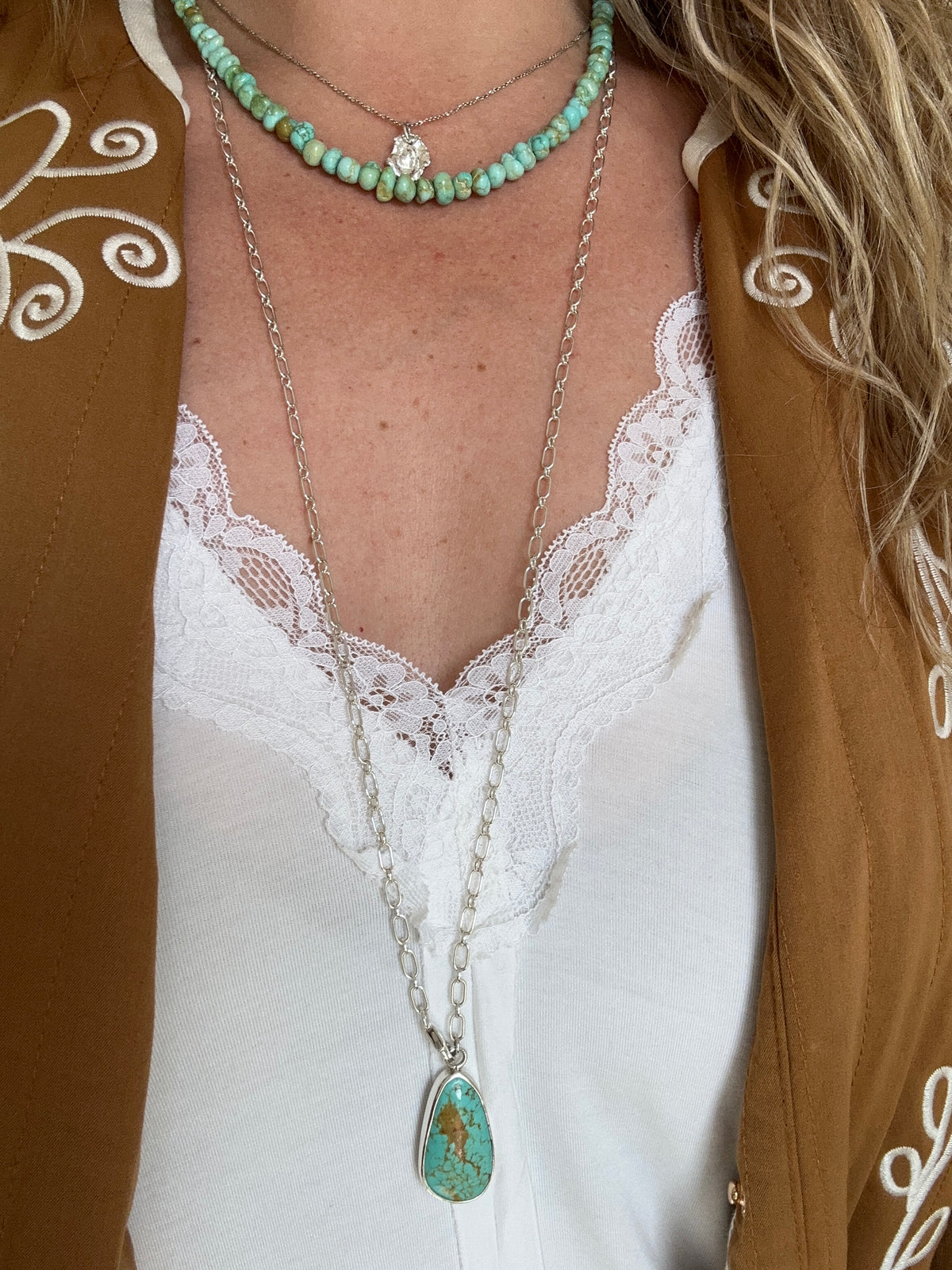 Kingman Turquoise wrap necklace styled short doubled, two looks one piece Natural Earth Collective Ohio