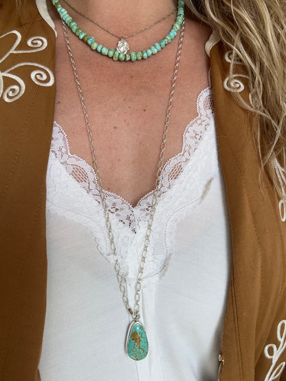Kingman Turquoise wrap necklace styled short doubled, two looks one piece Natural Earth Collective Ohio