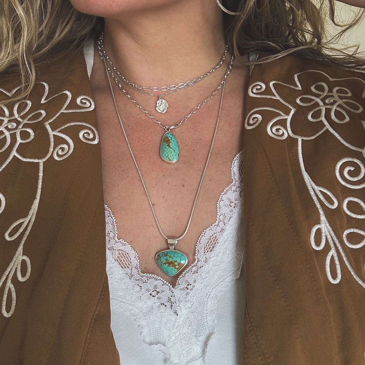 Kingman Turquoise pendant detail, fine silver setting Natural Earth Collective Ohio