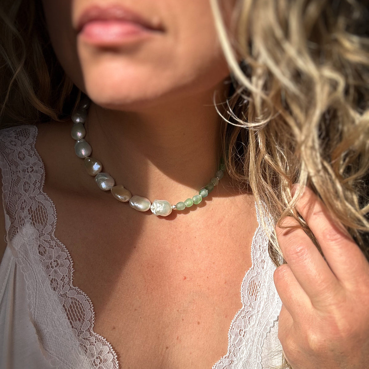 Shoreline Pearl necklace detail, sterling silver clasp freshwater pearl Natural Earth Collective Ohio