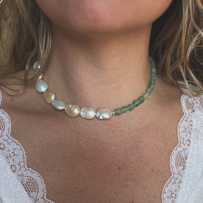 Shoreline pearl necklace close up, organic pearl and sea glass beads Natural Earth Collective Ohio