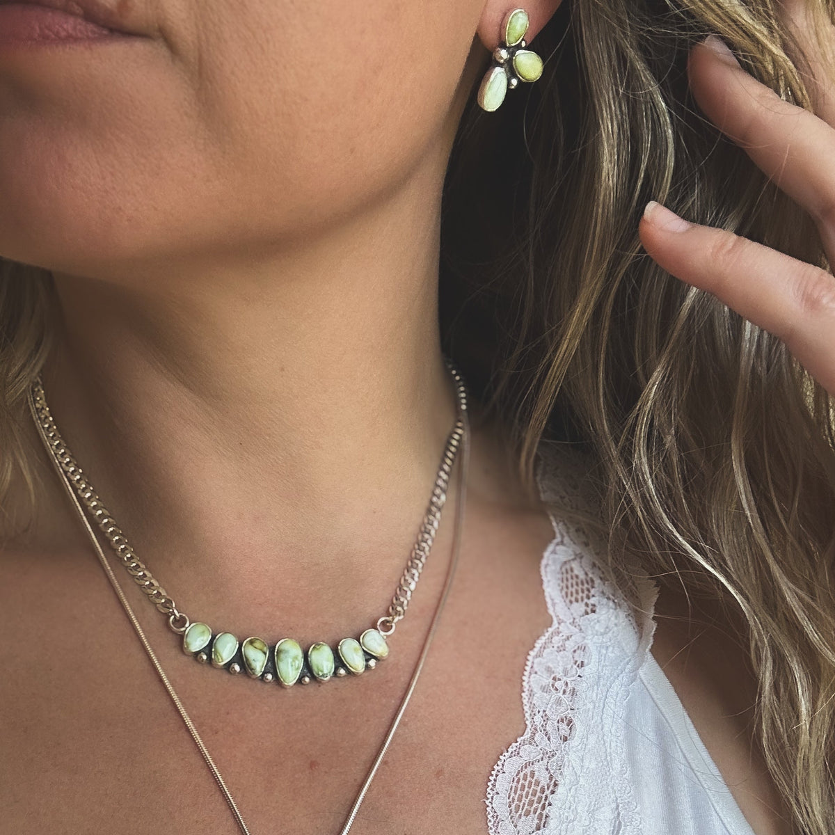 Palomino Mesa necklace detail, fine silver bezels sterling silver curb chain Natural Earth Collective Ohio