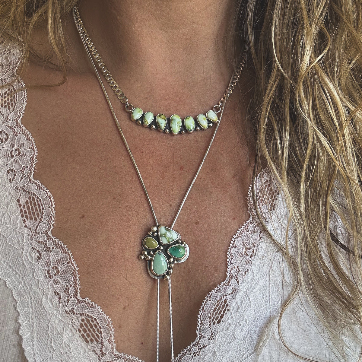 Palomino Mesa necklace close up, naturally varied Palomino Variscite stones Natural Earth Collective Ohio