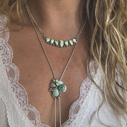 Palomino Mesa necklace close up, naturally varied Palomino Variscite stones Natural Earth Collective Ohio