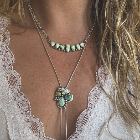 Palomino Mesa necklace close up, naturally varied Palomino Variscite stones Natural Earth Collective Ohio
