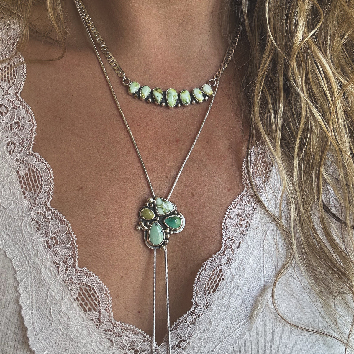 Mixed turquoise bolo detail, sterling silver snake chain Natural Earth Collective Ohio