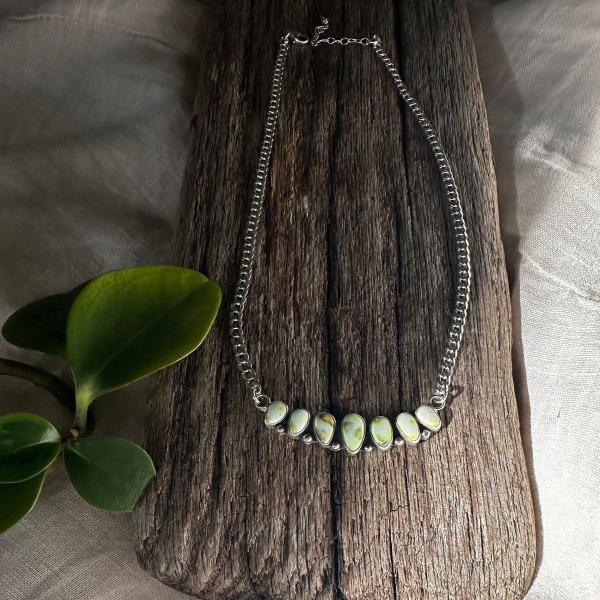 Palomino Variscite row necklace detail, pale green stones Natural Earth Collective Ohio