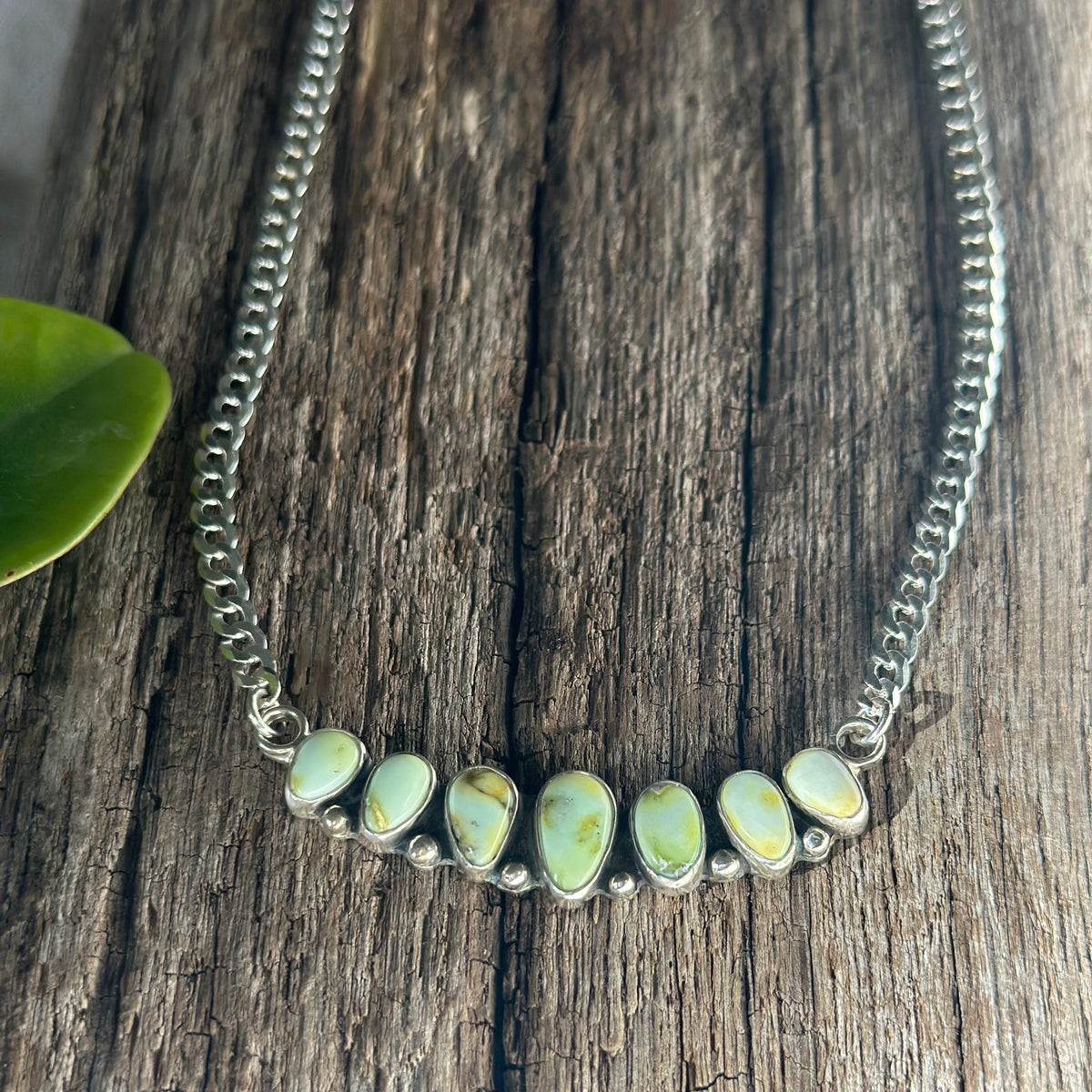 Palomino Mesa necklace, row of pale green Palomino Variscite bezel set fine silver curb chain Natural Earth Collective Ohio
