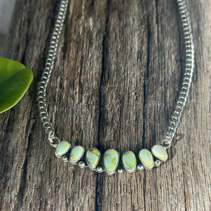 Palomino Mesa necklace, row of pale green Palomino Variscite bezel set fine silver curb chain Natural Earth Collective Ohio