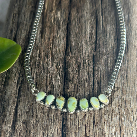 Palomino Mesa necklace, row of pale green Palomino Variscite bezel set fine silver curb chain Natural Earth Collective Ohio
