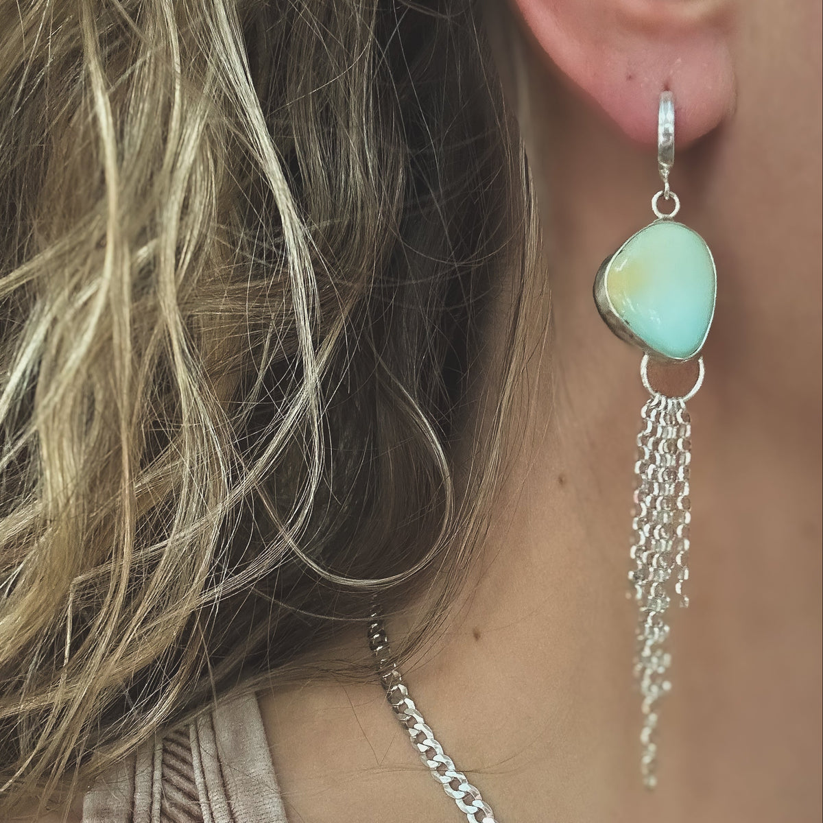 Lone Mountain Turquoise mist earrings No.2 on ear, one of a kind Natural Earth Collective Ohio